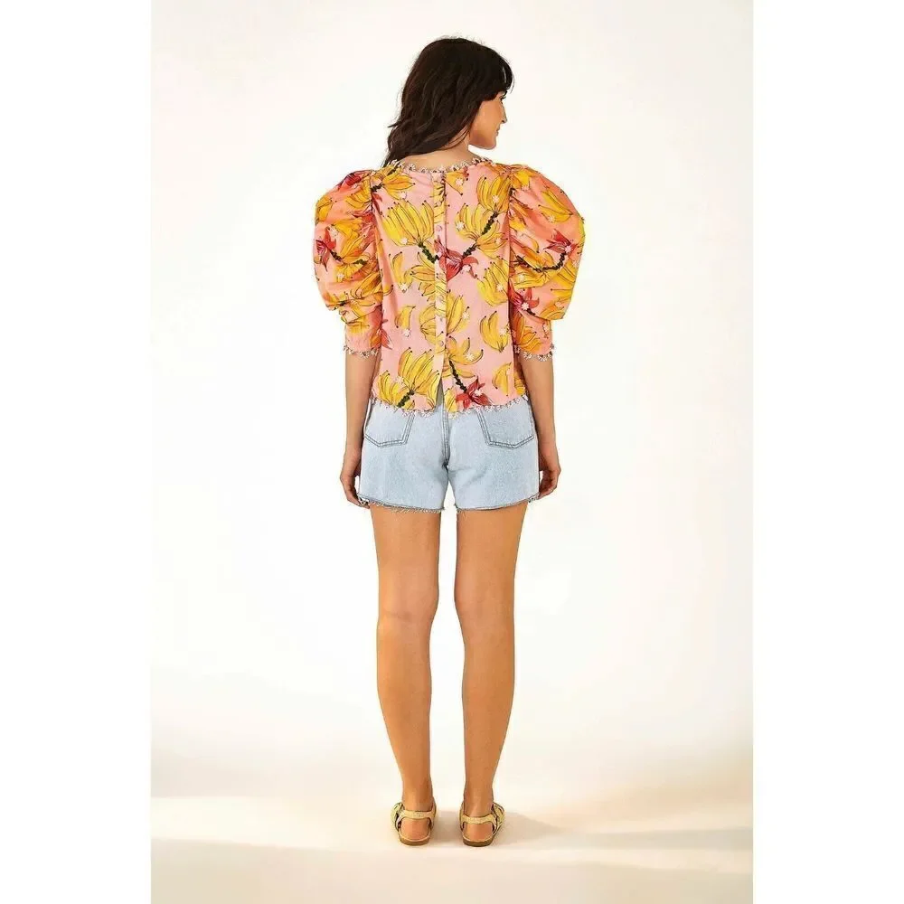 Anthropologie Farm Rio Banana Taste Applique Puff Sleeve Blouse Pink XS NEW
